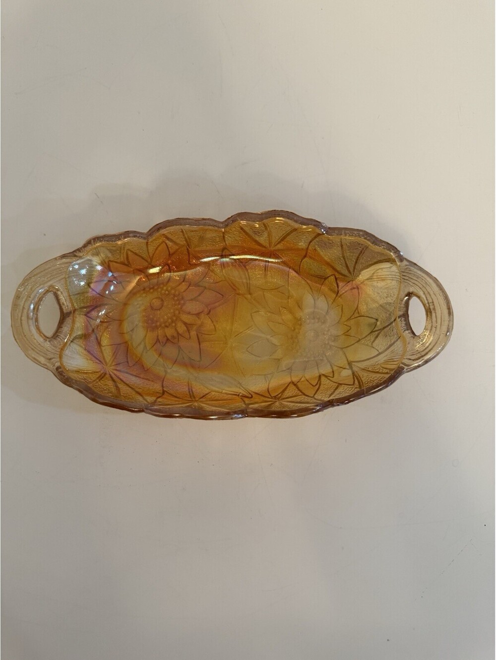 VTG INDIANA CARNIVAL GLASS MARIGOLD TWO HANDLE RELISH/Candy DISH 9.5”L 4.75”W